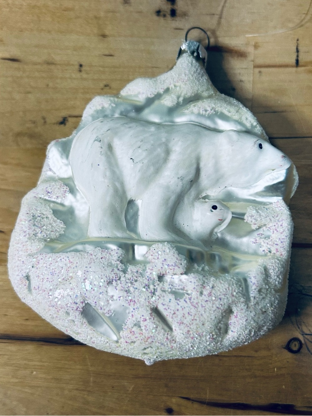Old World Polar Bear & Cub Blown Glass Christmas Ornament Germany 4.5”Hx3.5”W